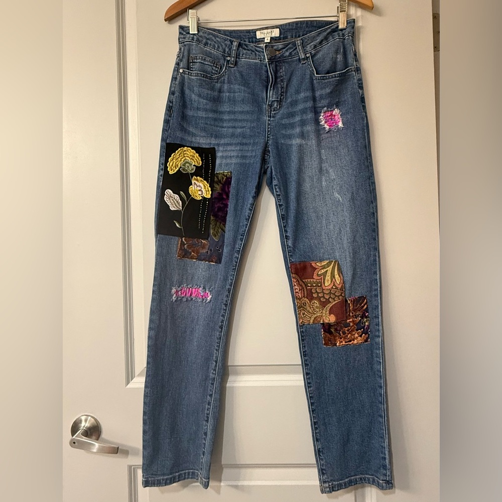 Tru Luxe Jeans Vintage-Inspired Blue Patchwork Straight Leg Jeans